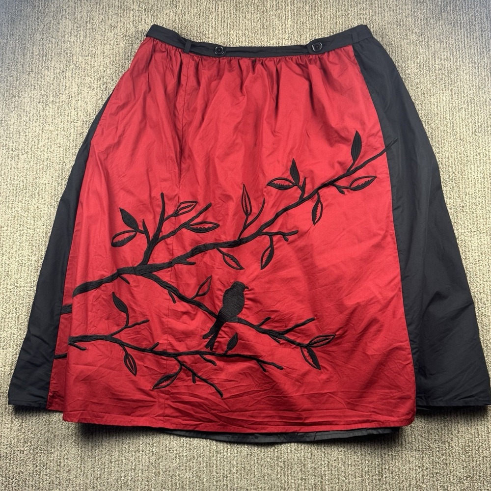 eShakti Womens 2X 22W Bird Embellished Poplin Skirt Embroidered A Line Black Red